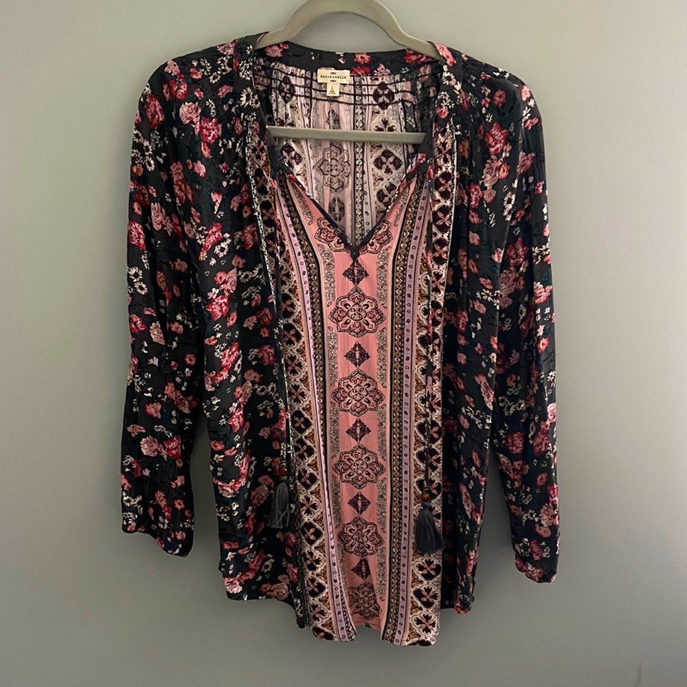 Long sleeved blouse. Size large. Brand is Mason& Belle
